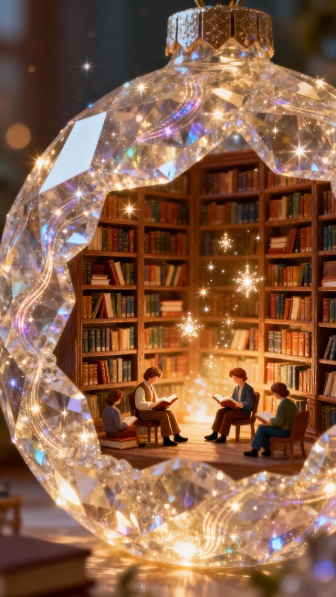 一个微型图书馆建在一个巨大的发光装饰品内部，微小的人们正在阅读，漂浮的闪光照亮了装满魔法书籍的巨大水晶书架，梦幻的氛围，温暖的光芒，垂直构图预览效果