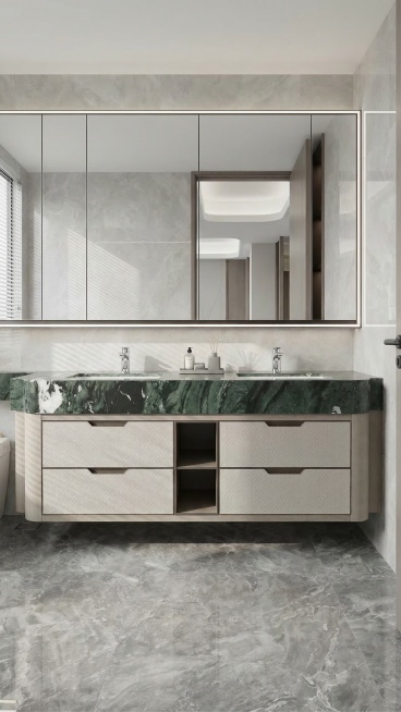 将原图中的浴室柜产品自然融入一个现代极简轻奢的家居样板间场景中。保持产品主体物理结构不变，保持产品原有造型、大理石台面和柜体色彩，强制保留所有组件。采用现代极简风，大面积柔光，低饱和度冷灰莫兰迪配色，预览效果