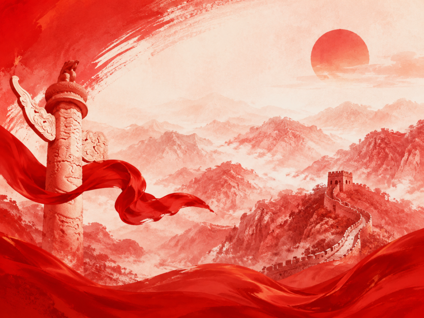 纯红色文化主题背景，无文字，风格和原图一致，红色水墨中国风，包含华表、红绸、长城、红日、山川元素，和原图同款风格纯背景，符合'文艺为人民 薪火永相传'主题氛围预览效果