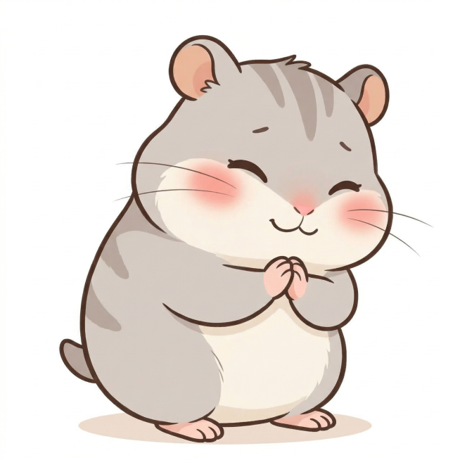 参考上传的仓鼠形象，绘制谢谢状态的卡通仓鼠表情包，无任何文字标签，保持原可爱画风，白色背景预览效果