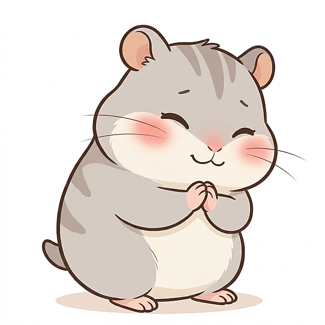 参考上传的仓鼠形象，绘制谢谢状态的卡通仓鼠表情包，无任何文字标签，保持原可爱画风，白色背景