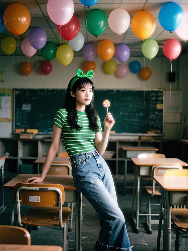 复古暗调的教室，屋顶是五颜六色的气球，女生（绿色条纹上衣，修身做旧牛仔马蹄裤，戴绿色发箍，千禧年配饰）靠坐在课桌上，手里拿着棒棒糖。看镜头。