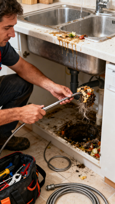 第六张管道疏通图片，展示工人手动使用疏通钩清理洗菜池下水管堵塞物，真实家庭维修场景，清晰自然，单张独立图片，不要拼图预览效果