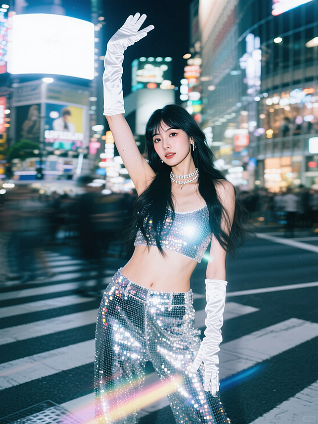 80年代复古迪斯科亮片裤，东京涩谷全息十字路口，动态模糊与光效