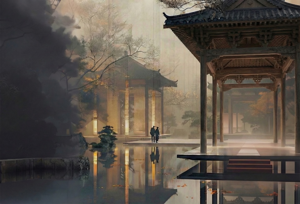 删除右边亭子的幕布预览效果