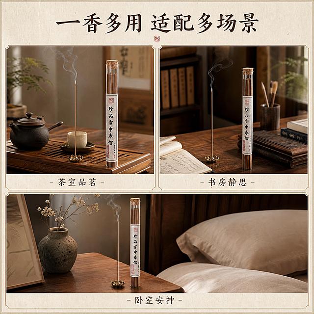 [主图-5] 雪中春信古方线香 多场景适用展示图。
[统一基调] 东方雅致中式禅意风格，古朴高级质感，主色调为深木色+米白宣纸色+朱砂红点缀，标题用宋体书法风格大字，辅助文字用简洁宋体，整体温润内敛有书卷气。
[画面] 画面分为三个小场景区块，分别展示雪中春信线香在不同场景的使用：左上是茶室品茗场景（线香+茶具），右上是书房静坐场景（线香+书册），下方是卧室安神场景（线香+床头柜）。每个场景都有产品清晰出现，三格布局用细金线分隔。
[光影质感] 每个小场景都有柔和自然光线，整体色调统一温暖，体现不同场景下的香氛氛围。
[配色] 整体暖木色调+米白背景，各场景保持色系统一。
[文字版式] 顶部横排主标题"一香多用 适配多场景"，三个小场景下方分别标注小字："茶室品茗""书房静思""卧室安神"。
[输出要求] 1:1正方形，2048x2048，三格布局清晰，产品在每个场景中都可辨认，文字清晰，无错字变形，无水印无平台logo。