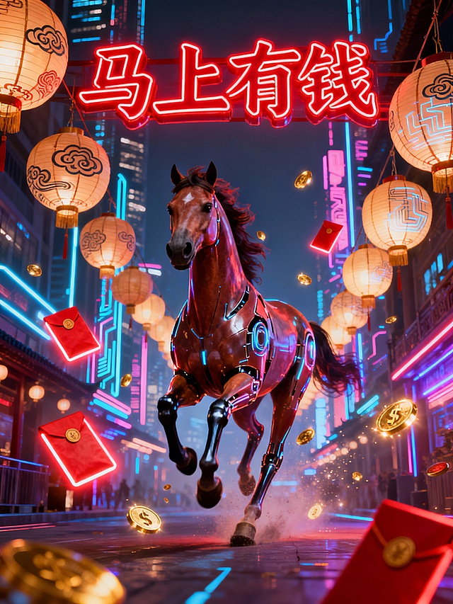 赛博朋克风与国潮元素融合，机械马奔腾于霓虹灯饰的中式街巷，红灯笼与金币红包纷飞，金属质感与粒子光效交织，寓意“马上有钱”，喜庆科技感十足。