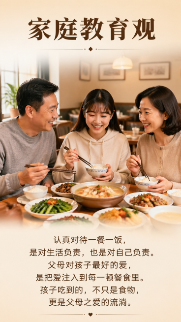 一家三口：一对现代中年中国父母和一个中国大学生女孩，一家人在餐厅温馨围坐餐桌旁，餐桌上摆放着刚做好的美味家常菜。图片上方添加清晰正确的中文标题【家庭教育观】，图片下方添加清晰正确的中文文字：认真对待一预览效果