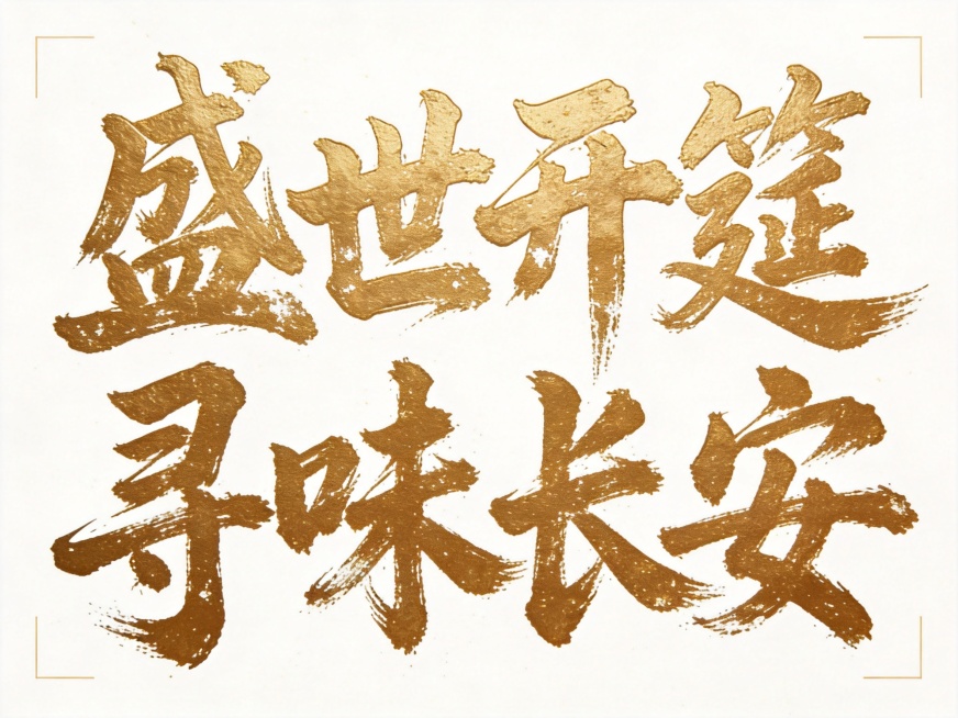 透明背景，无任何底色。平面艺术字体设计，八个字"盛世开筵 寻味长安"，所有文字单行横向排列，狂草书法风格，笔势狂野奔放大气磅礴，飞白枯笔技法，带有斑驳粗糙的书法质感，烫金色浮雕金漆材质，保留自然飞白纹预览效果