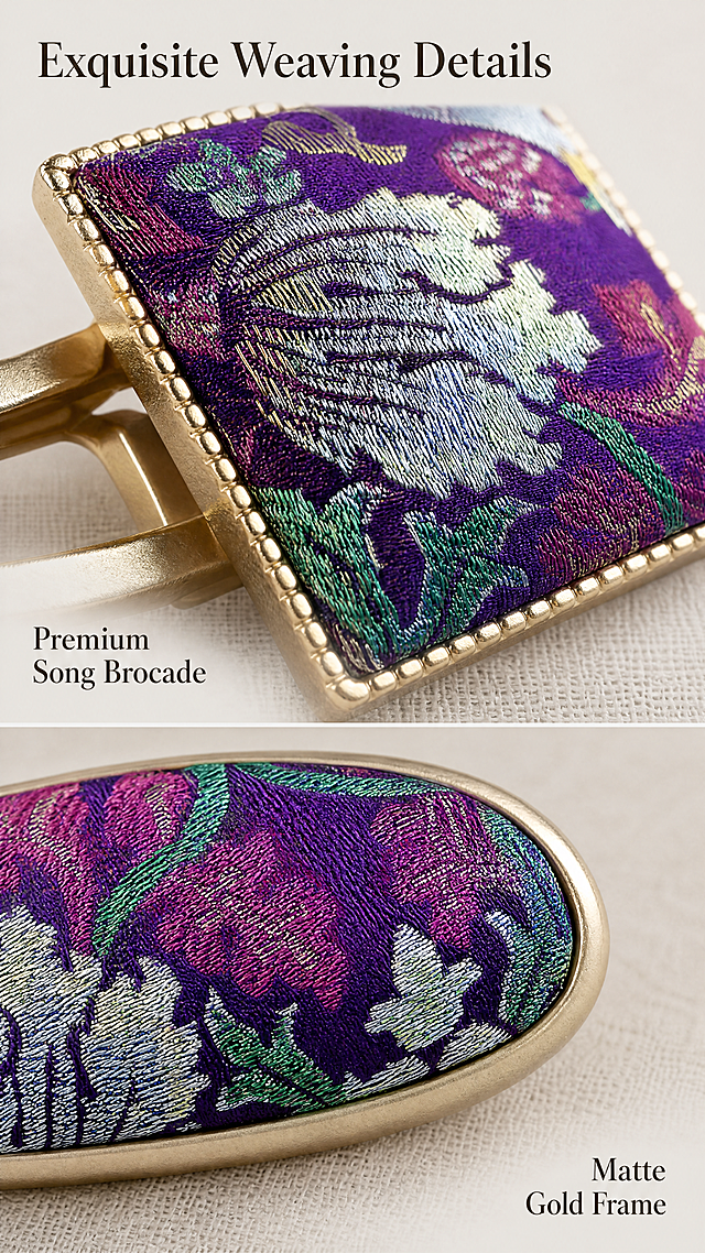 [第2屏] 工艺细节特写屏，展示Intangible Cultural Heritage Song Brocane Weaving Texture。本屏使用【图1】，放大展示宋锦织物局部纹理和金属边框细节。
[氛围/风格] 微距质感，真实工艺展示，简约突出细节，跨境风格，无冗余装饰。
[元素布局] 画面上半部分为方形发夹的宋锦纹样微距特写，放大展示织物的织纹细节、提花层次和金线光泽，保持原紫色底和彩色花鸟纹样不变；下半部分为水滴形发夹侧边金属边框和包边的微距特写，展示哑光金的工艺细节。两款特写上下分布，各占约一半画面，背景保持浅麻灰色统一底色。保持产品原有结构、颜色、纹样完全一致，只做放大细节展示。
[光影质感] 柔和均匀打光，凸显织物纹理凹凸感和金属边框磨砂质感，纹理细节清晰，明暗过渡自然。
[配色色系] 全局底色 #E8E5E0（浅麻灰），延续首屏色系，保持视觉统一。
[视角构图] 纯微距特写构图，上下分块，布局简洁，信息层级清晰，细节主体突出。
[文字版式] 顶部主标题 "Exquisite Weaving Details"，左下角文字标注 "Premium Song Brocade"，右下角文字标注 "Matte Gold Frame"，文字简洁，字体风格与首屏一致，不遮挡核心细节区域。所有文字均为英文，无中文字符。
[比例分辨率] 9:16竖版比例，4K分辨率，文字清晰可辨，超高清。
[负向提示词] 纹理模糊，颜色失真，结构变形，文字错乱，多余装饰，背景杂乱，中文字符。