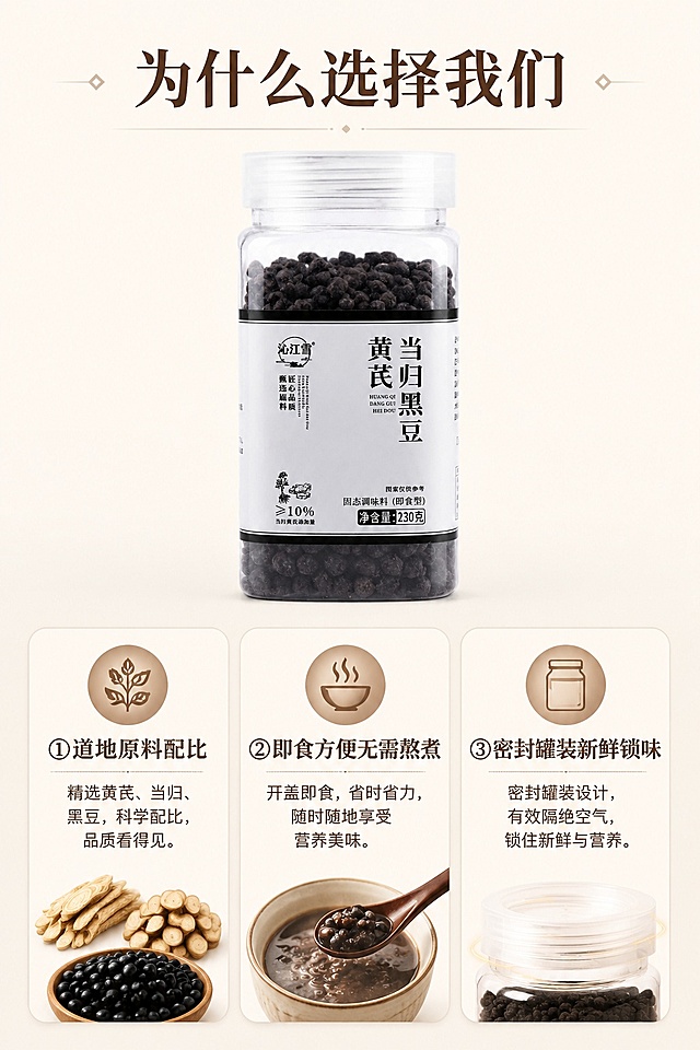 [第6屏] 卖点拆解屏-沁江雪黄芪当归黑豆核心优势。本屏使用【图1】产品居中展示。
[氛围/风格] 清晰信息版式，简洁干净，专业可信的商业设计。
[元素布局] 产品罐身【图1】置于画面中上部，占比约40%；下方分三个区域展示核心卖点，每个卖点配小图标和简短说明，整体排版整齐，分区清晰。
[光影质感] 均匀柔光，产品清晰，文字信息区域干净明亮，无杂乱阴影。
[配色色系] 全局底色 #F5F1EB；主色为米白背景、深棕产品；辅助色为浅棕色块、黑色文字。
[视角构图] 正面视角，产品在上卖点在下，纵向排版动线清晰。
[文字版式] 顶部主标题「为什么选择我们」，三个卖点分别为「①道地原料配比」「②即食方便无需熬煮」「③密封罐装新鲜锁味」，每个卖点单独成块，文字清晰，字体风格保持温润宋体，排版整齐，适合移动端阅读。
[比例分辨率] 9:16 竖版比例，4K分辨率，文字清晰可辨，高清画质。
[负向提示词] 排版混乱，产品变形，文字错乱，图标杂乱，水印