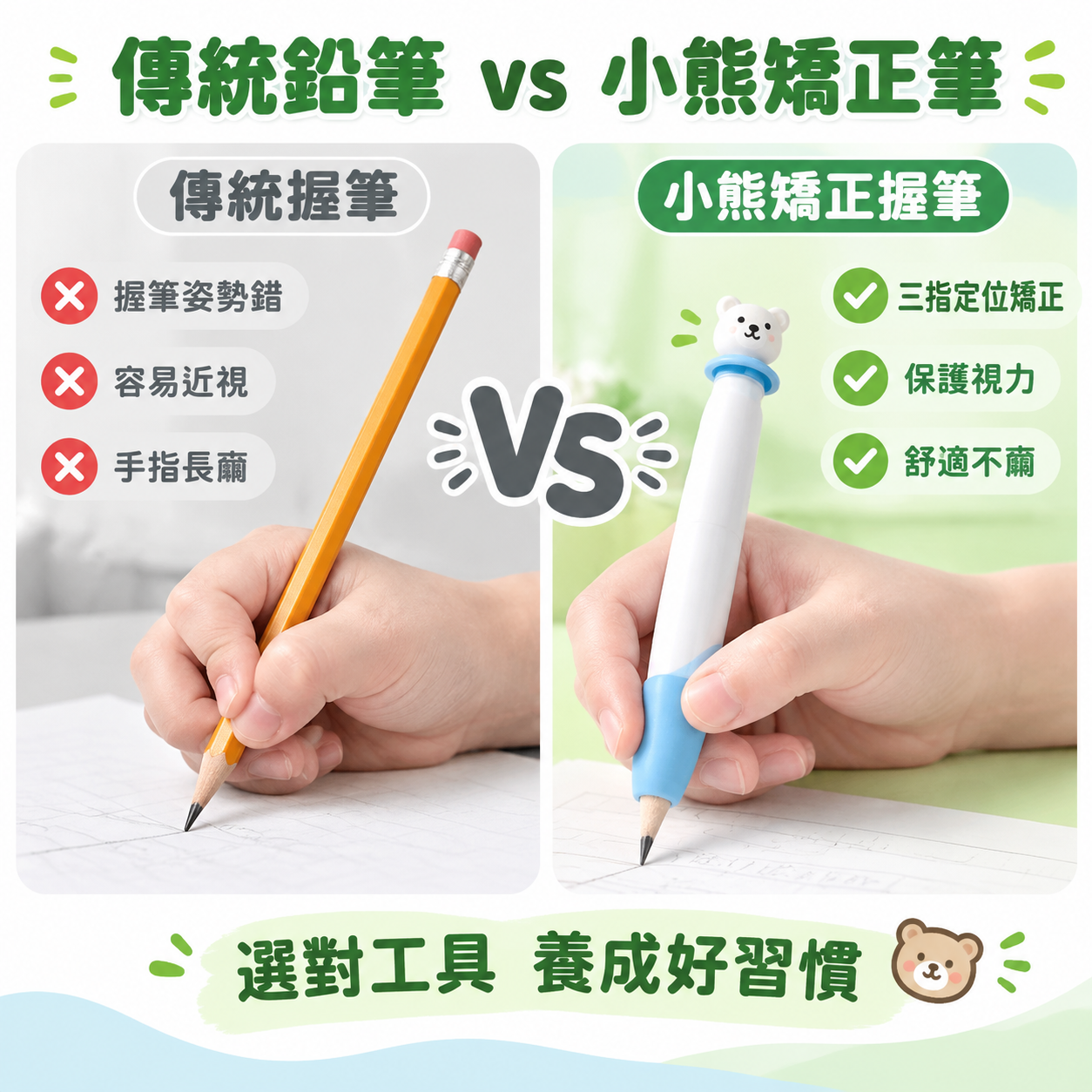 [主圖5] 傳統鉛筆 vs 矯正筆對比圖，左右對比展示使用小熊… - 图片创意预览