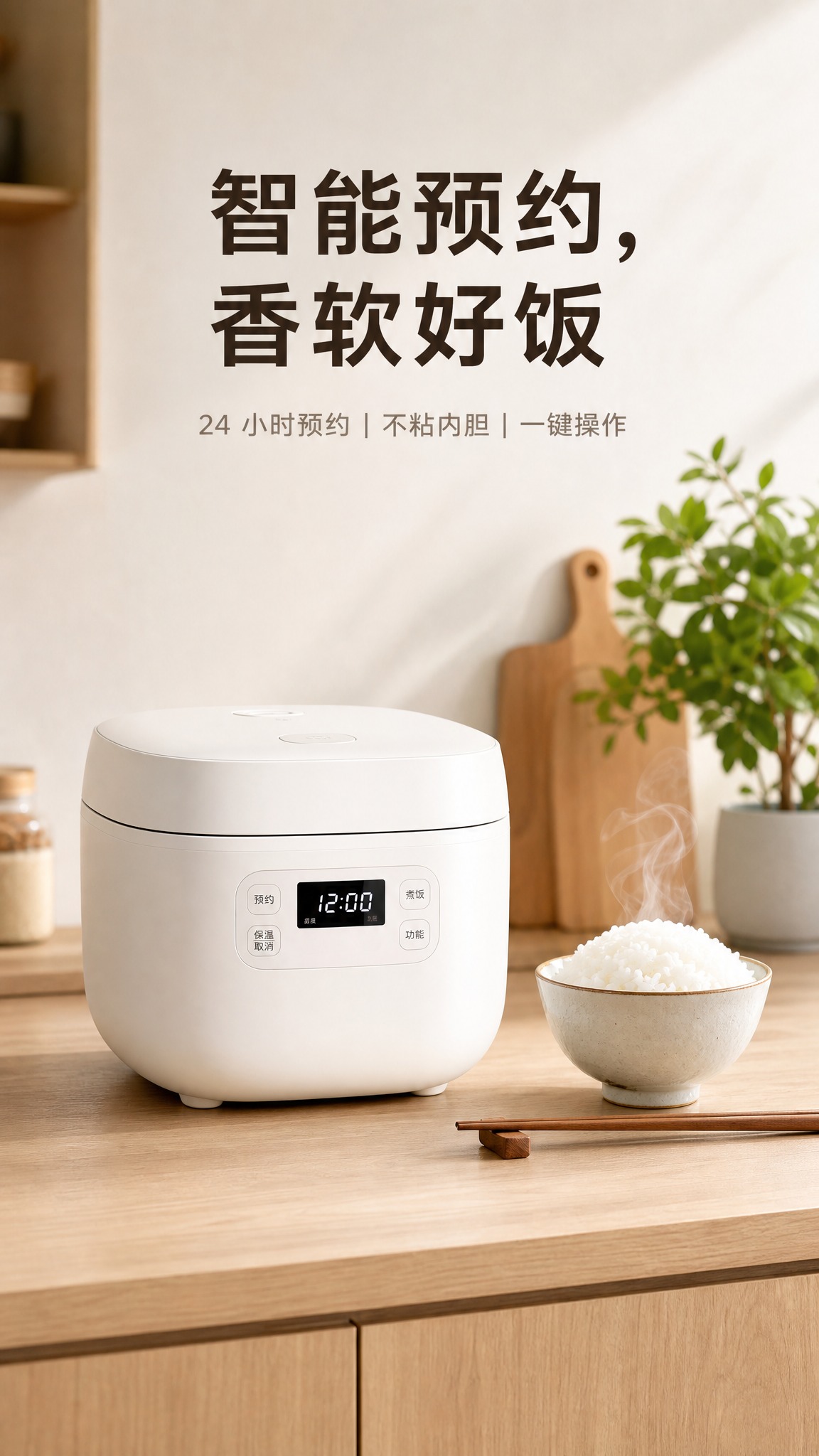 现代简约风格电饭煲电商海报，竖版9:16比例。画面中央偏下位置… - 图片创意预览