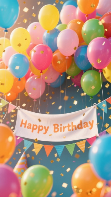 背景是生日派对场景，色彩丰富明亮，以暖色调为主，光影柔和自然，营造出欢快、温馨、热闹的氛围。画面上方有大量彩色气球，颜色包括黄色、粉色、蓝色、绿色、橙色等，气球大小不一，错落有致地悬浮着。气球下方挂着写有“Happy Birthday”字样的白色横幅，横幅边缘有彩色三角旗装饰。空气中飘散着金色的闪光纸屑，增添了派对的喜庆感。整体构图饱满，视觉层次丰富，信息传达效率高，符合生日派对欢乐庆祝的目的……预览效果