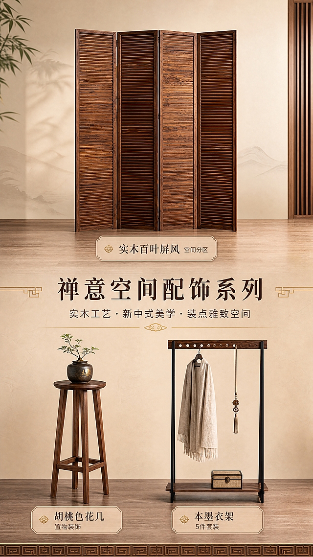 [商品] 使用【图1】木条屏风+【图6】MN09-3001本墨衣架+【图7】MN07-4005花几；保留三款产品的结构、颜色、材质：屏风的实木百叶折叠结构与胡桃色、衣架的白蜡木横杆+黑金属支架、花几的胡桃色实木高脚造型；增强实木纹理质感，不改变产品结构。
[画面] 页面目标：展示花几+衣架+屏风的装饰与实用功能，突出空间配饰系列；构图：品字形竖版布局，上方屏风横置展示，下方左右分别为花几和衣架，中间穿插标题文案；主体占比：三款产品合计占画面70%；景别：中景，展示每件产品全貌；产品角度：屏风正面、衣架正面、花几45度侧视；阅读动线：从上至下，中间标题向两侧扩散；前中后景：前景花几与衣架底部、中景产品主体、背景米杏色渐变墙面。
[视觉] 套系策略：风格=新中式轻奢高级商业摄影；标题字=宋体加粗典雅大气；正文字=简洁无衬线体；主色=胡桃木棕+米杏色；背景延展=基于胡桃木棕与米杏色做深浅层级、同色渐变和细腻木纹/宣纸质感；强调色=鎏金色，仅用于小面积图标、引线、标签和装饰线条；标题色=深胡桃棕；正文色=暖灰棕色；组件=圆角浅棕信息卡、细金线引线、中式回纹装饰元素；光影=侧前暖柔光，均匀柔和，突出实木纹理。
[文字] 中间主标题"禅意空间配饰系列"（8字），副标题"实木工艺·新中式美学·装点雅致空间"（14字）；每款产品下方标注名称与卖点："实木百叶屏风 空间分区""本墨衣架 5件套装""胡桃色花几 置物装饰"；所有文字横排，不遮挡产品主体。
[规格] 图片比例9:16竖版，4K分辨率，负向提示：避免变形、错字、文字过小、产品结构改变、颜色失真、冷光、极限词、水印。