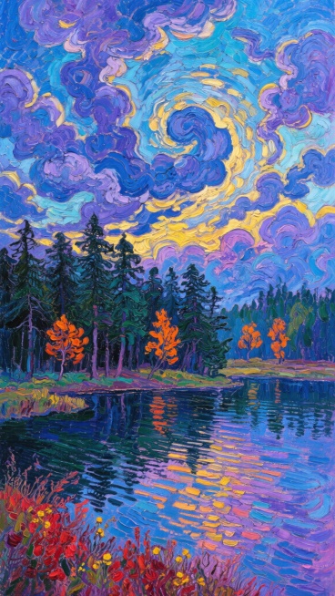 梵高风格油画，画面主体为旋转翻腾的云海，云朵以深蓝、靛紫、明黄交织，呈现强烈的动态漩涡纹理，厚重笔触堆叠出丰富肌理。下方是墨绿色的松林，树木轮廓粗犷，枝叶以短促有力的笔触勾勒，林间点缀几株亮橙色的枫树。近景为平静的湖面，倒映着天空的绚烂色彩，水面用横向长笔触表现波纹，湖岸点缀着红色和黄色的野花丛。整体色调以冷色系为主，光影对比强烈，营造出神秘而富有张力的自然景观，充满情绪化的表现主义特征。预览效果