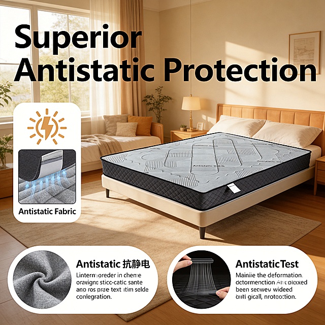 [主图-2] Antistatic function display for mattress. Keep the original product appearance consistent with the input image. The picture shows the antistatic effect principle, with the mattress placed on the right side of the frame, and a clear static electricity prevention icon on the left. A small diagram shows how the fabric isolates static charge, with text label "Antistatic Fabric". 7:3 composition, upper part is overall mattress in bedroom scene, lower part has two rounded picture boxes showing fabric detail and antistatic test. Cozy warm natural light, same bedroom background style as first image, consistent light direction. All text must be English, no Chinese. Title on top: {Superior Antistatic} Protection, large bold font. Each detail box has text description. 1:1 ratio, 4K resolution. Negative prompt: deformation, watermark, text disorder, blurry product, messy background.