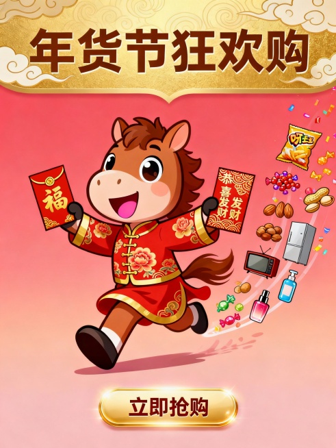 在现代扁平插画风格的画面中：
- **主体形象**：一只卡通造型的吉祥马角色，马身圆润可爱，线条简洁流畅。它身着传统唐装，唐装以鲜艳的红色为主色调，金色丝线绣出精美的云纹和牡丹图案，领口与袖口处镶着金预览效果