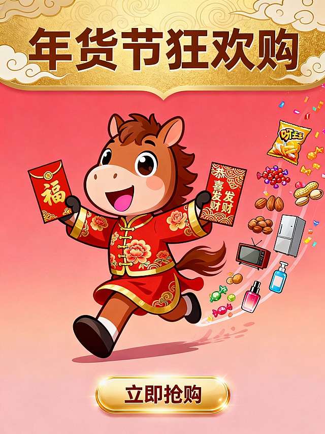 国潮风插画，拟人化小马穿唐装持红包，喜庆卡通形象搭配鎏金元素，环绕年货商品，营造浓厚节日促销氛围。
