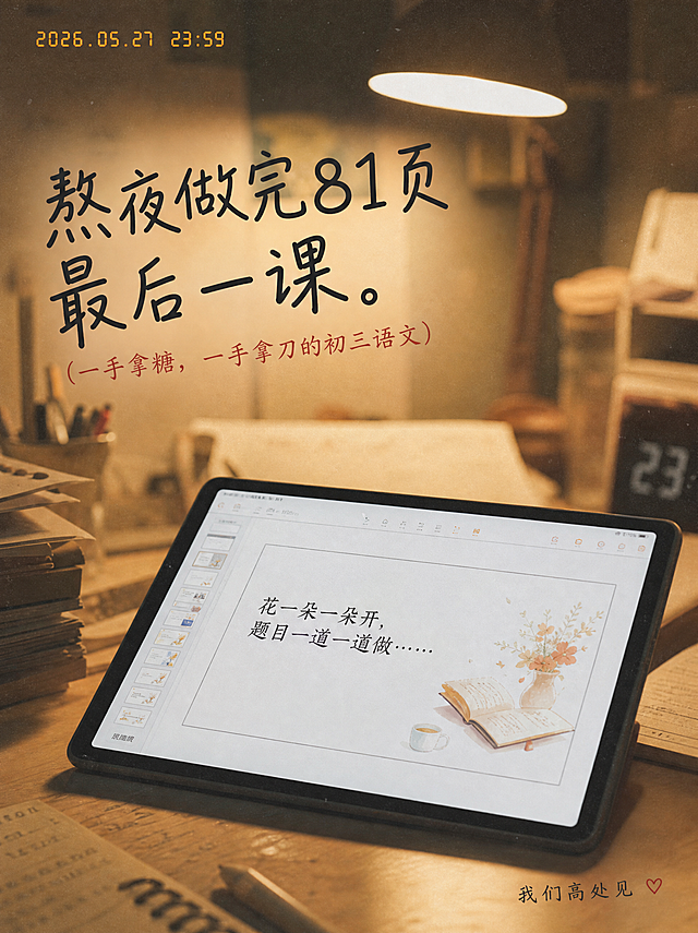 小红书竖图，画布比例3:4。背景是深夜老师书桌实景照片，做了高斯模糊虚化处理，上方有台灯打下的柔和暖光，整体叠加胶片颗粒感，背景主色是深夜台灯暖黄原木色#F5E6CC。画面中央斜向摆放一部iPad，屏幕亮起，显示PPT最后一页文案"花一朵一朵开，题目一道一道做……"，屏幕高亮和周围暗色环境形成冷暖对比。左上角有复古橙色胶片时间戳"2026.05.27 23:59"。文字排版：左对齐，主标题是"熬夜做完81页 最后一课。"，大字号，治愈系少女手写体，颜色沉稳碳黑#2C2C2C；副标题紧跟主标题下方"（一手拿糖，一手拿刀的初三语文）"，小字号，细雅宋体，颜色温柔复古红#C94A4A；右下角留白处有"我们高处见"，极小字号，手写体，碳黑色，微微倾斜5度，文字后面紧跟一个手绘感小红心❤️。整体是深夜备课的治愈写实风格。