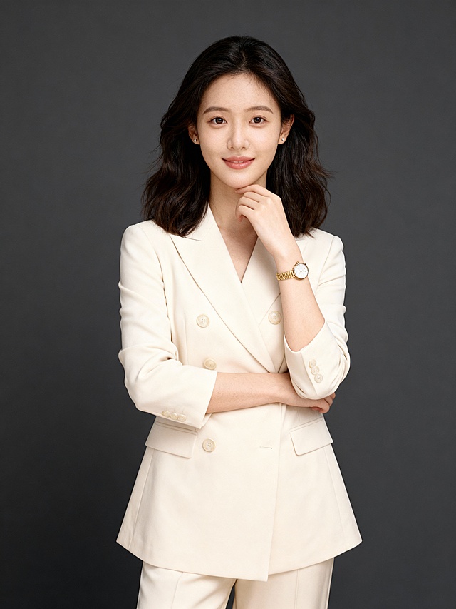 温柔杏色西装套装手抵下巴女士形象照