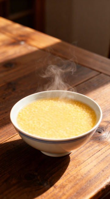 木质餐桌上，一碗热气腾腾的小米粥，去掉粥面厚厚的金黄色米油，温暖治愈的早餐场景，柔和自然光线，真实细腻质感，写实风格预览效果