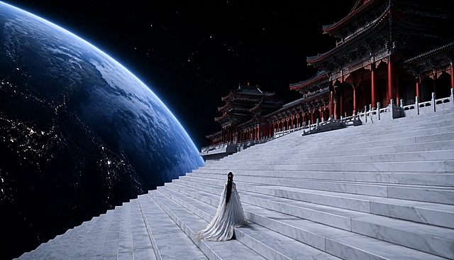 【构图】侧透视纵深广角构图，画面右侧是层层递进的多层重檐中式宫廷殿宇，整齐粗壮哑光朱红立柱、黑瓦翘角飞檐、繁复木质斗拱雕花，殿宇坐落在宽阔白玉平台之上；前景是超宽倾斜哑光白玉巨型阶梯，阶梯中段仅有一位古装女子背影；阶梯左侧纯粹漆黑真空宇宙，巨大弧形蓝色地球曲面横贯画面左半区，星球表层清晰云层、大陆与夜间城市微光，一层柔和淡蓝色大气光晕包裹星球轮廓，零星细碎星光散落深空，渺小女子、巨型白玉天梯、连绵朱红天宫、浩瀚蓝色行星四层辽阔尺度对比，强透视营造磅礴浩瀚的星际纵深感
【人物刻画】白玉阶梯中段背身古装女子，乌黑长发搭配精致古风金质发簪步摇，身着哑光浅银白鎏金暗纹刺绣广袖拖地古风长裙，垂坠丝质衣摆轻搭石阶，孤身缓步走向星际天宫，浅银鎏金华服在冷白大理石、暗红立柱、深蓝星球与暗黑深空衬托下华贵圣洁，身形微小反衬无边天梯、连绵宫殿与巨型星际星球的宏大体量
【朱红立柱天宫群与巨型倾斜白玉天梯】
1. 朱红古风宫殿群：右侧连片多层中式宫廷楼阁，通体哑光朱红立柱，雕花木质斗拱、层叠黑瓦飞檐，传统故宫形制殿宇沿白玉平台向远方延伸，整组建筑无地面支撑，悬浮于真空太空；
2. 巨型倾斜白玉天梯：整块天然浅灰纹理哑光汉白玉打造超宽倾斜阶梯步道，石阶宽阔厚重，石材干净细腻带有天然石纹，强透视线条向宫殿平台收窄，极简冷白几何阶梯与古典红柱古建筑、暗黑深空形成强烈视觉碰撞
【真空深空与带大气光晕的蓝色地球】
1. 死寂真空宇宙：阶梯左侧全域无大气、云雾、岩石、植被、地面，纯粹漆黑真空星际空间，仅零星微弱星点；
2. 弧形蓝色气态行星：画面左侧完整巨大弧形蓝色星球，清晰可见地表云层、陆地纹理，暗处散落细碎城市灯火，外围环绕一圈通透淡蓝色大气层光带，无繁杂彩色星云，干净高级清冷太空质感
【天光氛围】
全域低饱和冷调宇宙漫射柔光，无暖日光、无彩色霓虹光源，整体主色调为冷白汉白玉、暗红朱红殿柱、浅银鎏金汉服、深蓝星球、纯黑深空，清冷高级配色，中式天宫天梯悬浮星际虚空，融合东方古风仙侠与硬核太空科幻，氛围苍茫孤寂、神圣恢弘
【渲染参数】UE5电影级8K超写实渲染，垂坠哑光浅银鎏金刺绣古风长袍、哑光朱红立柱木质斗拱雕花肌理、天然浅灰纹理白玉天梯石材、巨型行星云层城市微光与蓝色大气光晕细节、深空细碎星光全部高精度刻画；无畸形人体、无西式机甲飞船、无字幕水印文字、无开裂破损殿宇天梯、无刺眼彩色霓虹强光、无花草树木植被、无地面山川土壤、无暖黄日光、无彩色极光