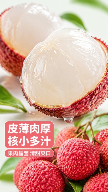 [第3屏] 果实细节特写屏-荔枝果肉质地微距展示。本屏使用【图1】荔枝外皮参考。
[氛围/风格] 生鲜微距质感，突出果肉水润新鲜，食欲感强烈。
[元素布局] 上半部分为两颗剥开荔枝特写，展现白嫩晶莹果预览效果