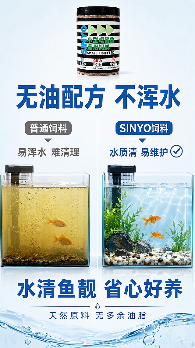 [第5张] 详情页功能对比-无油配方不浑水。本张使用【图1】作为商品主体小图。
[氛围/风格] INS风高端对比展示，清澈透明感，干净极简，商业摄影质感。
[元素布局] 画面为左右对比分栏，左侧为「普通饲料 浑水」状态，水色浑浊发黄；右侧为「SINYO饲料 清澈」状态，水质清澈透明，能见度高；两侧各有一个鱼缸示意；顶部中央放置小型饲料罐产品图，占比约15%；底部为水波纹装饰元素。
[光影质感] 均匀柔光，水面有自然高光，清澈侧有通透光感，浑浊侧偏暗黄，对比鲜明。
[配色色系] 全局底色 #F0F7FA（浅蓝白渐变）；主色深蓝 #1565C0 + 白色；左侧浑浊区用暗黄色调，右侧清澈区用蓝白色调；分界线用细白线。
[视角构图] 左右对比分栏，中间产品图置顶，阅读动线从中间产品 → 左右对比 → 底部结论。
[文字版式] 版式为顶部产品 + 左右对比 + 底部结论。顶部产品下方主标题「无油配方 不浑水」，深蓝色粗体居中；左侧上方标注「普通饲料」配向下箭头「易浑水 难清理」；右侧上方标注「SINYO饲料」配对勾「水质清 易维护」；底部大字号结论「水清鱼靓 省心好养」，配小字说明「天然原料 无多余油脂」。
[比例分辨率] 9:16竖版比例，4K分辨率，文字清晰可辨，高清画质。
[负向提示词] 产品变形，文字错乱，颜色偏差，水印，文字过小，鱼缸形态怪异，对比不明显。