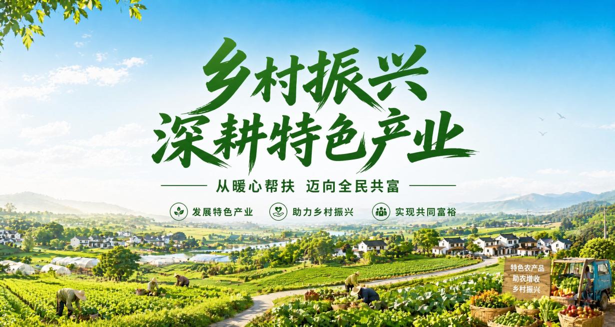 基于参考图版式生成乡村振兴主题海报，写实清新自然田园风格，突出乡村产业生机。画面主标题是"乡村振兴"，副标题是"深耕特色产业"，装饰文案是"从暖心帮扶 迈向全民共富"，下方卖点依次为：发展特色产业 助预览效果