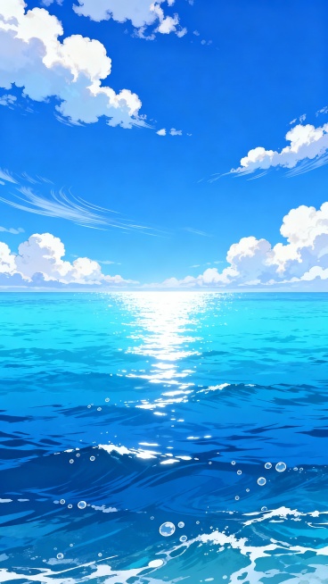 超高清动漫风格海景插画，纯净通透的渐变蓝色天空占据画面上半部分，点缀着形态蓬松、边缘柔和的白色积云，部分云朵带有轻盈的拉丝效果，模拟微风拂过的动态感。画面下半部分是广阔无垠的蓝色海洋，海水呈现出从近景深蓝到远景浅蓝的自然渐变，水面波光粼粼，阳光在波浪上形成明亮的白色反光带，细腻的波纹线条和零星分布的白色泡沫、气泡增添了海水的真实质感与活力。海天交界处清晰可见，水平线平直稳定，整体构图采用开阔的……预览效果