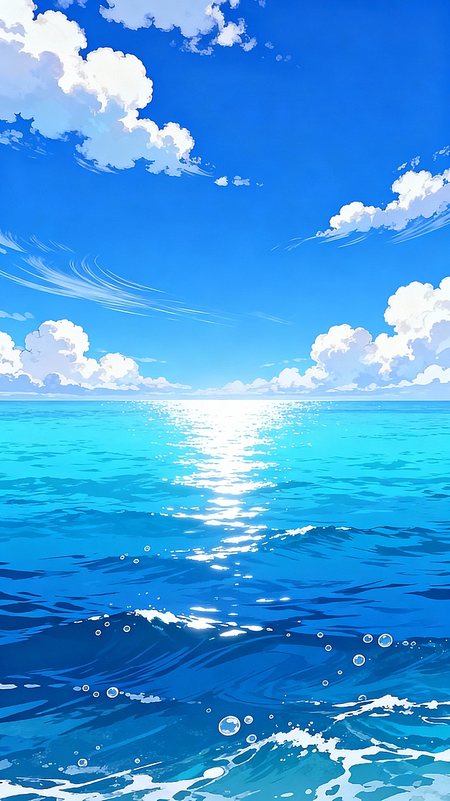 超高清动漫风格海景插画，纯净通透的渐变蓝色天空占据画面上半部分，点缀着形态蓬松、边缘柔和的白色积云，部分云朵带有轻盈的拉丝效果，模拟微风拂过的动态感。画面下半部分是广阔无垠的蓝色海洋，海水呈现出从近景深蓝到远景浅蓝的自然渐变，水面波光粼粼，阳光在波浪上形成明亮的白色反光带，细腻的波纹线条和零星分布的白色泡沫、气泡增添了海水的真实质感与活力。海天交界处清晰可见，水平线平直稳定，整体构图采用开阔的全景式布局，营造出宁静、自由、心旷神怡的氛围，色彩和谐统一，光影柔和明亮，具有强烈的视觉通透感和治愈系美感。