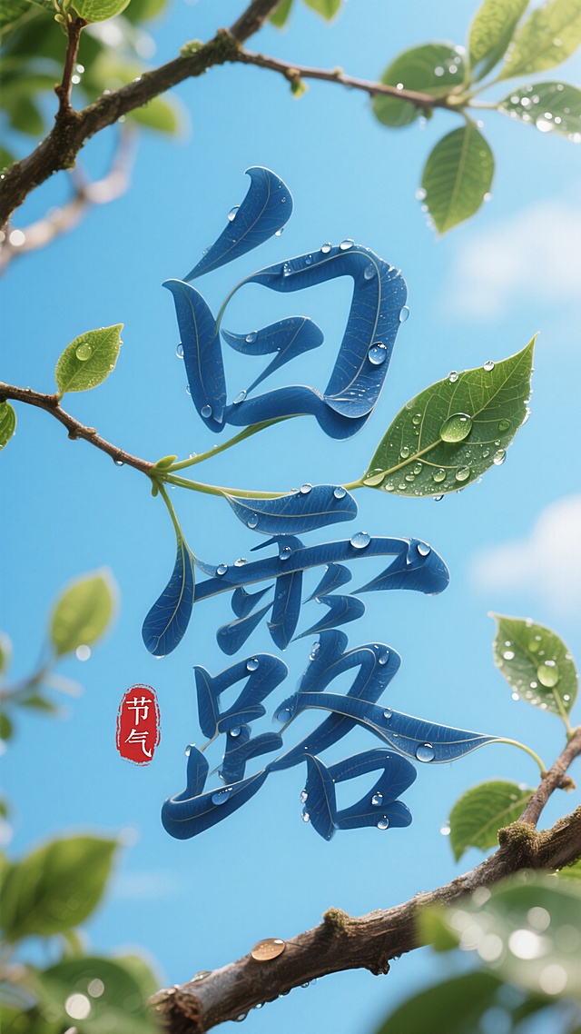蓝色叶片拉长扭曲变形成”白露” 二字，叶片上有晶莹的露珠点缀。背景是一片晴朗的蓝天，画面中穿插着带有绿叶和水珠的树枝，营造出清新自然的氛围。“白露” 文字位于图像的中上部，红色小印章”节气“点缀，整体画面色彩明亮，富有创意，突出白露节气的主题
