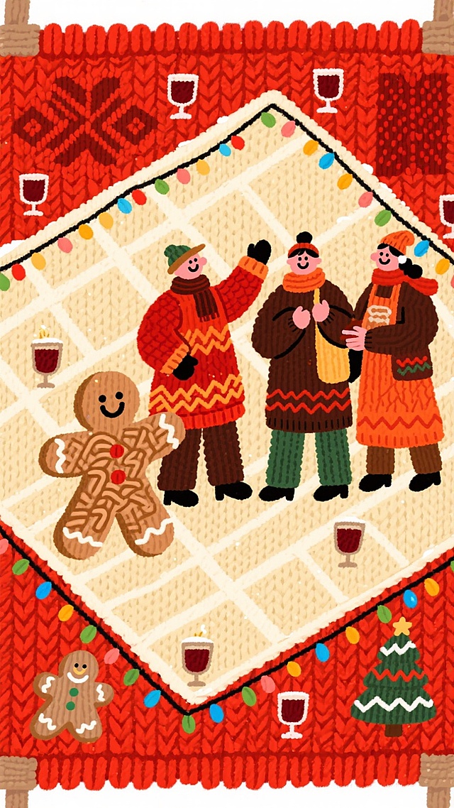 刺绣风插画，拟人化人物与姜饼人欢聚，红暖色调营造喜庆温馨圣诞氛围，点缀彩灯与酒杯，充满节日卡通感。