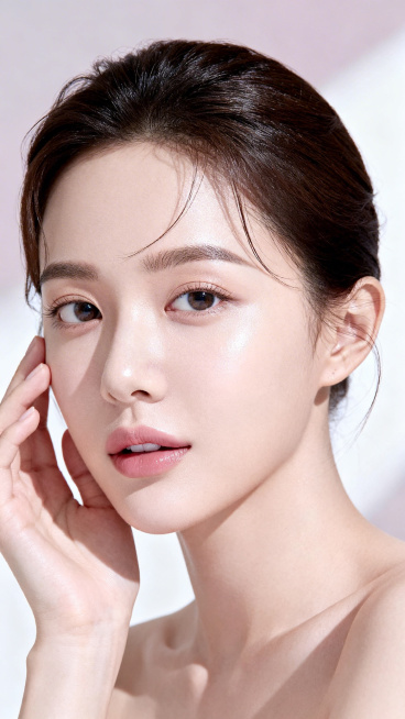 超高清美妆人像摄影，极致清透白皙的皮肤质感，展现细腻毛孔与健康光泽，柔和自然光从斜上方照射形成立体光影，发丝优雅，露出光洁额头与精致侧脸，模特以自然姿态轻触脸颊，眼神清澈望向镜头，整体色调以纯净白与柔预览效果