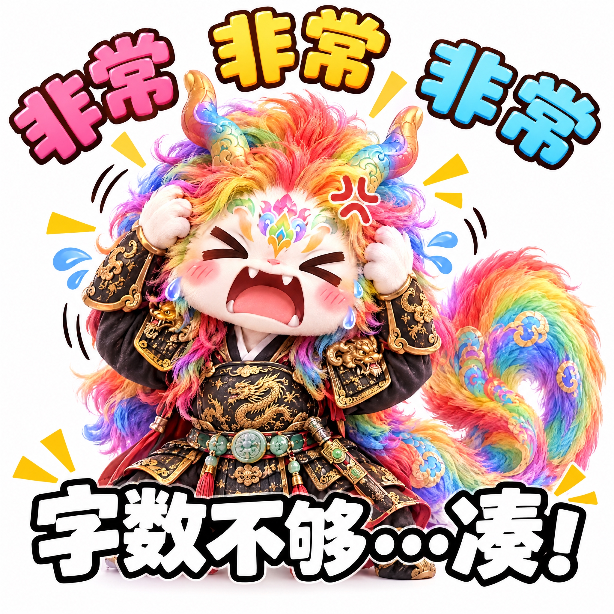 参考图中的彩虹鬃毛龙形神兽（穿黑色金龙铠甲），做成可爱表情包风… - 图片创意预览