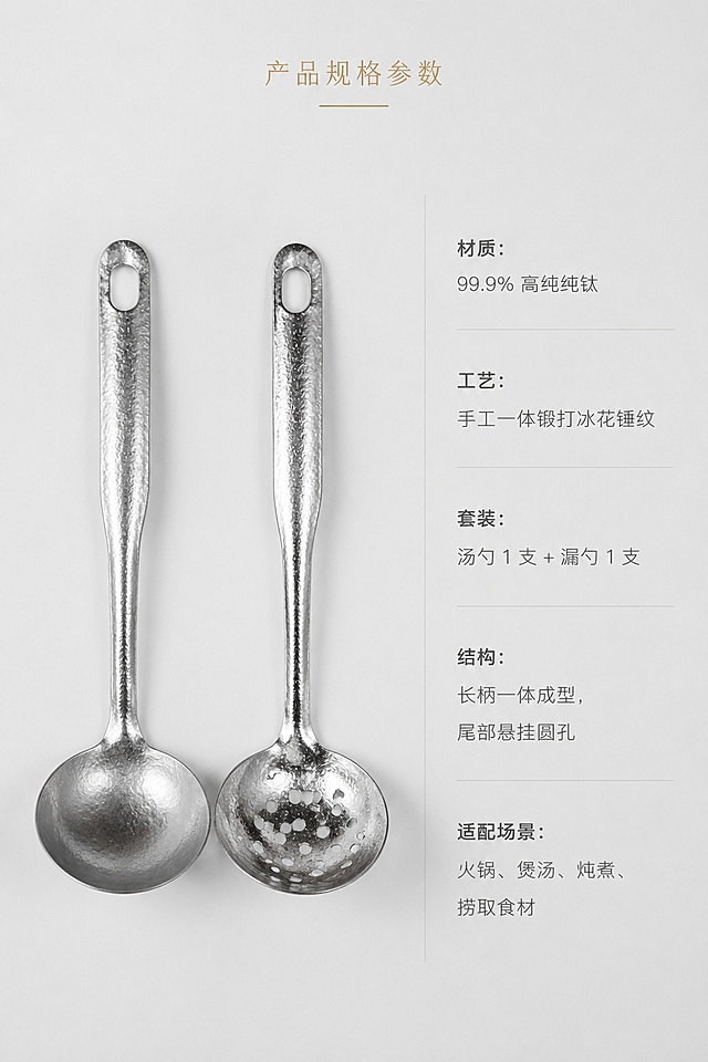 ## 第 9 屏：产品参数规格信息屏

### 正向提示词

2:3 竖版，极简商务质感风，分栏模块化排版，浅灰白纯色极简背景，画面左侧完整平铺汤勺漏勺两件套，右侧分栏参数文字模块；顶部居中小标题「产品规格参数」，鎏金烫金细文字；分栏文字左对齐排版，参数文字为哑光磨砂无衬线细体，内容：材质：99.9% 高纯纯钛；工艺：手工一体锻打冰花锤纹；套装：汤勺 1 支 + 漏勺 1 支；结构：长柄一体成型，尾部悬挂圆孔；适配场景：火锅、煲汤、炖煮、捞取食材；画面干净无多余装饰，线条分割简约分栏，低饱和冷色调，8K 高清静物图，产品完整无裁切。

### 负面提示词

彩色分割线、卡通图标、杂乱装饰、人手、油污、促销文案、文字堆叠拥挤、花哨边框、水印、低清画质、艳丽色块、杂乱背景

## 第 10 屏：收尾品质售后信任屏

### 正向提示词

2:3 竖版，高级冷淡极简轻奢风，居中对称排版，纯白柔光极简背景，画面中心平铺汤勺漏勺整套产品，完整展示整套外观；画面顶部居中主标题「匠心纯钛厨具 健康居家之选」，鎏金烫金质感文字；底部小字副标题「一体成型无涂层，长久耐用，家用健康厨具优选」；底部搭配极简线条品质保障线条图标，大面积留白，柔和均匀漫射光，整体简约高级收尾调性，8K 超清商业静物摄影，无多余杂物，产品比例严格 1:1 还原。

### 负面提示词

促销爆炸云、低价大字、卡通图案、人手、油污、杂乱摆件、鲜艳配色、水印、低像素画质、强光过曝、文字拥挤堆叠、花哨装饰边框