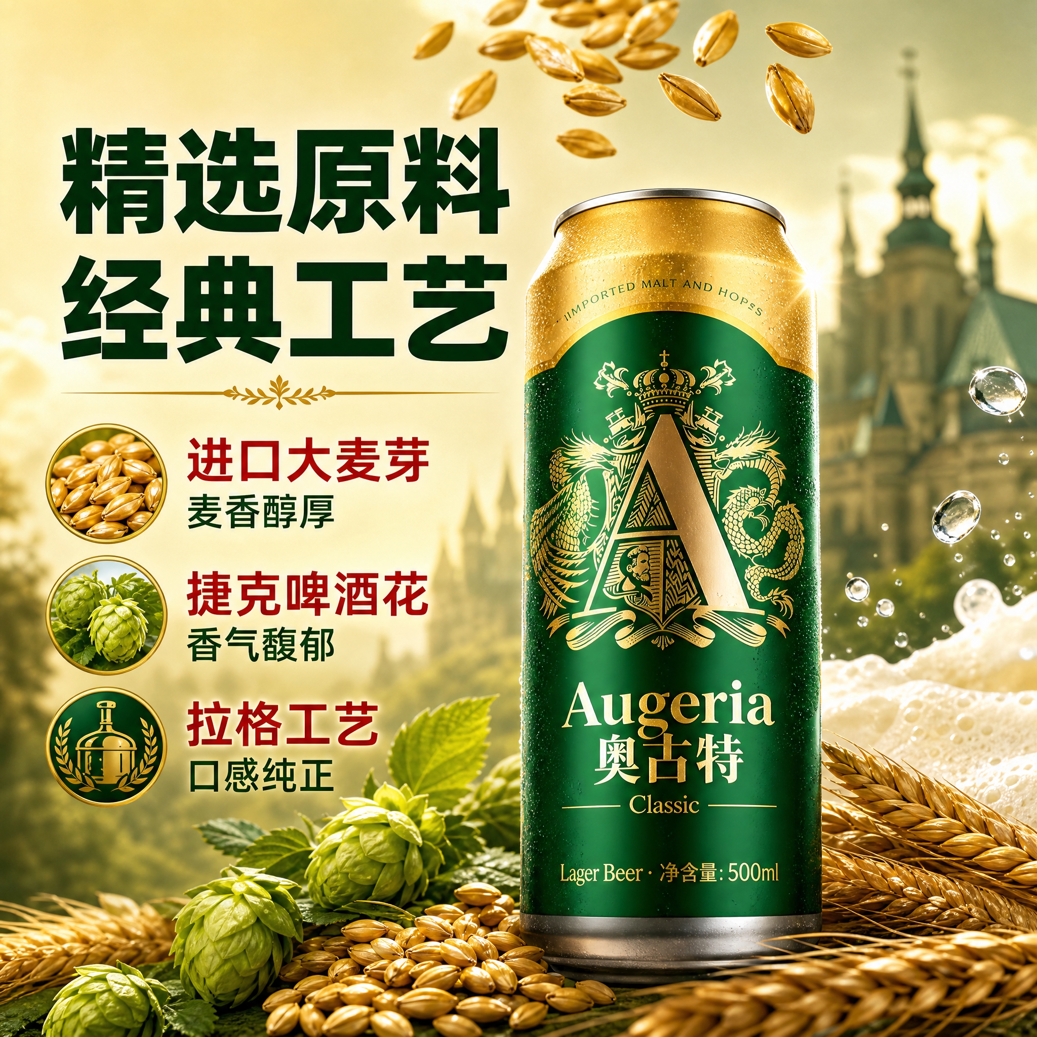 [主图-2] 奥古特拉格啤酒核心卖点图，突出高端原料与经典工艺… - 图片创意预览