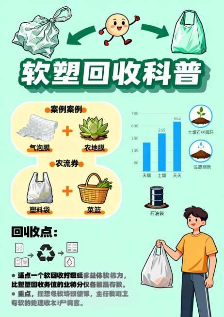 A3公益软塑回收科普海报，浅薄荷绿底色，深森林绿标题，浅黄区块配橙色点缀，天蓝色数据图。顶部拟人化软塑循环插画：皱巴巴塑料袋变环保袋带箭头，圆润粗体主标题加阴影。案例模块：气泡膜+多肉、农地膜+农资券预览效果