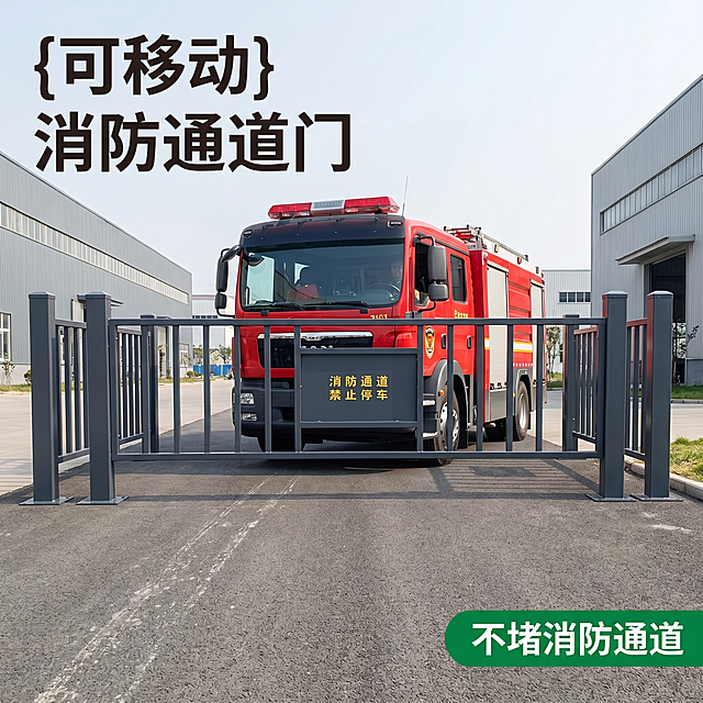 [主图-1] 移动消防栅栏门打开消防车通过场景首图
[氛围风格] 真实工程场景，专业清晰展示
[画质] 商业摄影质感，光线明亮通透，产品清晰真实，画面干净高级
[元素] 可移动消防通道拒马栅栏门处于打开状态，一辆红色消防车正从打开的消防通道顺利通过，栅栏保持深灰色金属材质，"消防通道 禁止停车"黄色文字清晰保留，保持产品结构、颜色、材质与输入产品图绝对一致，杜绝任何变形色差，精细化处理。消防车红色车身清晰，不遮挡栅栏产品主体。商品主体占比严格控制在65%，画面满屏无边框。
[光影] 白天户外自然光，光线均匀明亮，消防车和栅栏光影自然，轮廓清晰
[配色] 栅栏深灰色，消防车红色，背景灰色沥青道路，整体配色对比清晰专业
[视角构图] 正面平视视角，景深适中，完整展示门打开消防车通过动态场景，产品不裁切
[文字版式] 左上负空间左对齐大字文案写"{可移动} 消防通道门"，深灰色粗体无衬线，右下角绿色标签写"不堵消防通道"白字
[比例分辨率] 1:1比例，2k分辨率，文字清晰锐利，超高清
[负向提示词] 变形，水印，文字错乱，产品图模糊，背景杂乱，色差，结构扭曲，遮挡产品