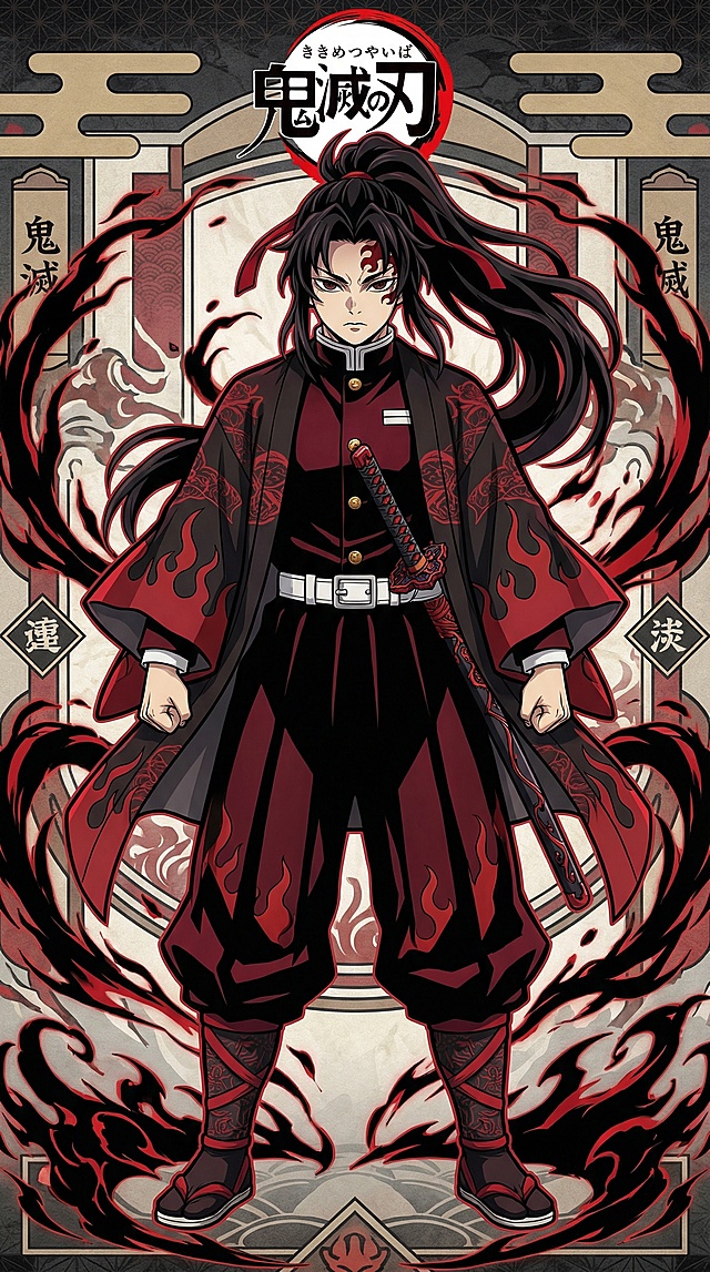 鬼灭之刃画风，全身中心对称男性角色，长发束起，身着黑红配色队服，配日轮刀，气场强大