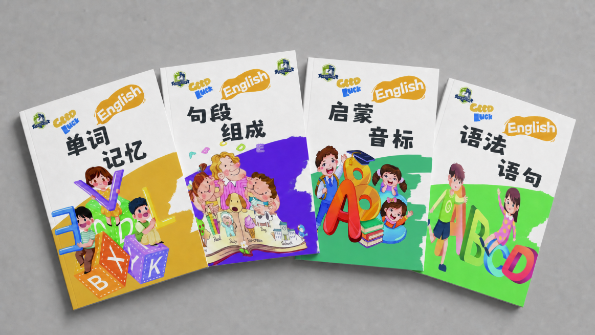 图里有两本重复的单词记忆封面，将第三本（从左往右数第三本）替换成新的启蒙音标封面，保持书本原有的排列位置、立体透视效果、书脊和阴影完全不变，只替换封面内容，保证整体自然真实。预览效果