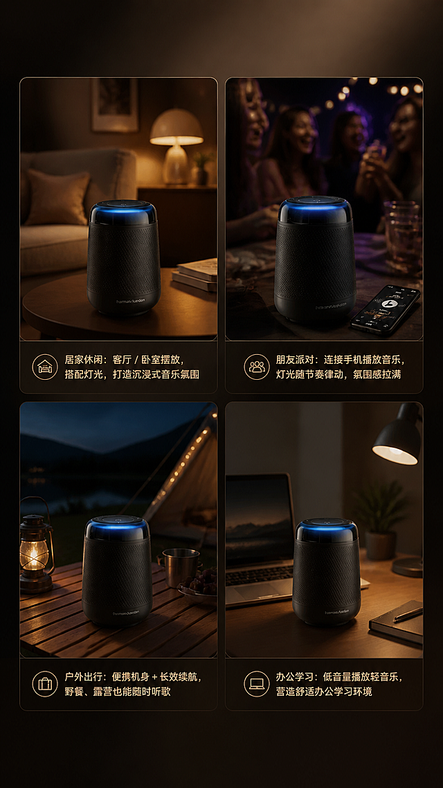 第 7 屏：多场景使用展示，尺寸790×1400px，配色：4 宫格场景图，每个场景背景为深棕 / 浅棕色调。文案（4 个场景）：居家休闲：客厅 / 卧室摆放，搭配灯光，打造沉浸式音乐氛围；朋友派对：连接手机播放音乐，灯光随节奏律动，氛围感拉满；户外出行：便携机身 + 长效续航，野餐、露营也能随时听歌；办公学习：低音量播放轻音乐，营造舒适办公学习环境。配图：4 宫格场景图，每个场景保留音箱主体，背景替换为对应场景，风格统一。排版：2×2 宫格布局，每个场景图下方配一句短句文案，整体背景用深棕渐变。配色：深棕 + 黑 + 冰蓝，保留原音箱质感。