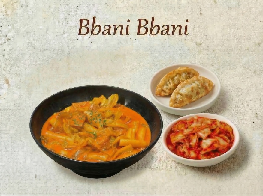 保留整体排版、顶部“Bbani Bbani”、主碗罗杰芝士炒年糕、泡菜小碗不变，调整为只放2个炸饺子，去掉中间装酱料的小碟，删除“罗杰芝士炒年糕”及对应英文文字，提升整体画面清晰度，保持布局协调，尺寸预览效果