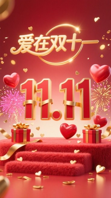 红色渐变背景点缀金色爱心光斑，中央是红色爱心造型立体字 “11.11”，字体边缘有金色描边；上方用金色圆润艺术字 “爱在双十一”，周围环绕心形红金礼盒、缠绕爱心的金色丝带、粉色与金色相间的烟花；底部设预览效果