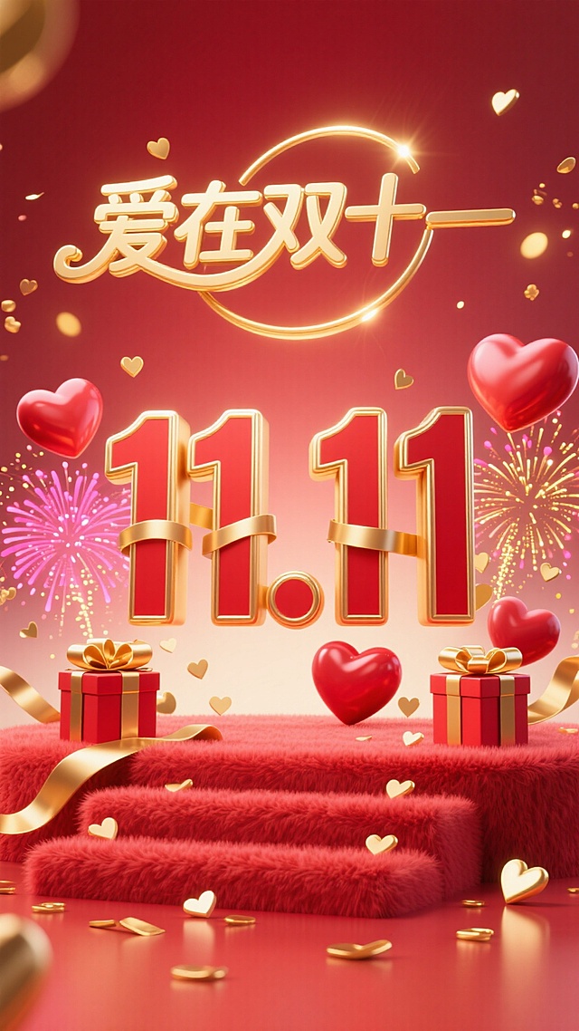 以爱心、礼物等元素，营造双十一浪漫购物氛围