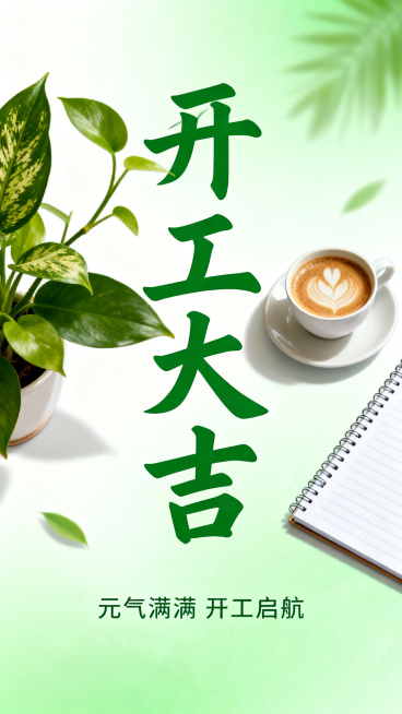 开工大吉主题竖版海报，清新活力风格，画面中央是绿色手写字体"开工大吉"，搭配绿植、咖啡杯、笔记本元素，背景为淡绿色渐变，底部有"元气满满 开工启航"深绿色小字，整体充满春日活力预览效果
