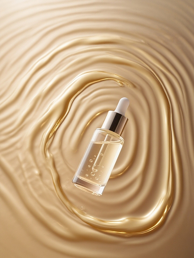 产品悬在空中，流畅的线条纹理背景（带有光泽感的浅金色的液体）