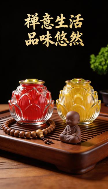 电商详情页第十一页，场景展示，产品放置于中式居家桌面环境，搭配木质茶盘和文玩摆件，营造禅意生活氛围，纯黑色背景，产品保持原图样式不变，文字内容：“禅意生活 品味悠然”金色书法字体，不出现宗教祈福相关内预览效果