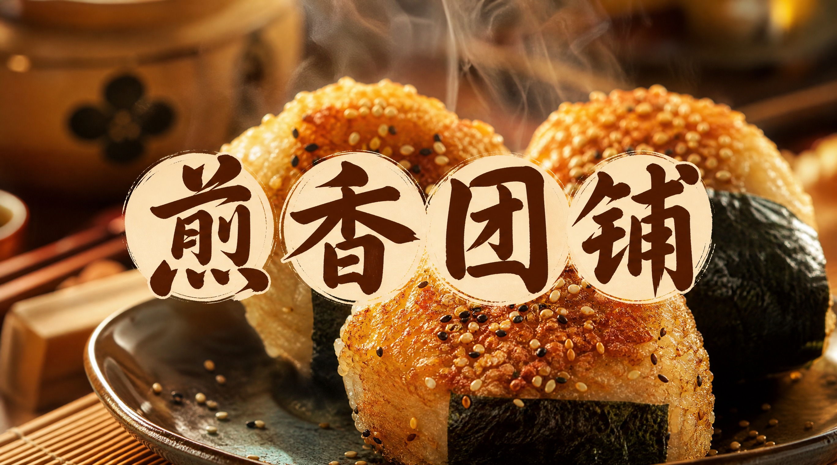 日式煎饭团店招设计，店名"煎香团铺"四个大字醒目居中，字体温暖… - 图片创意预览